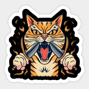 Cute and angry cat with two knives Sticker